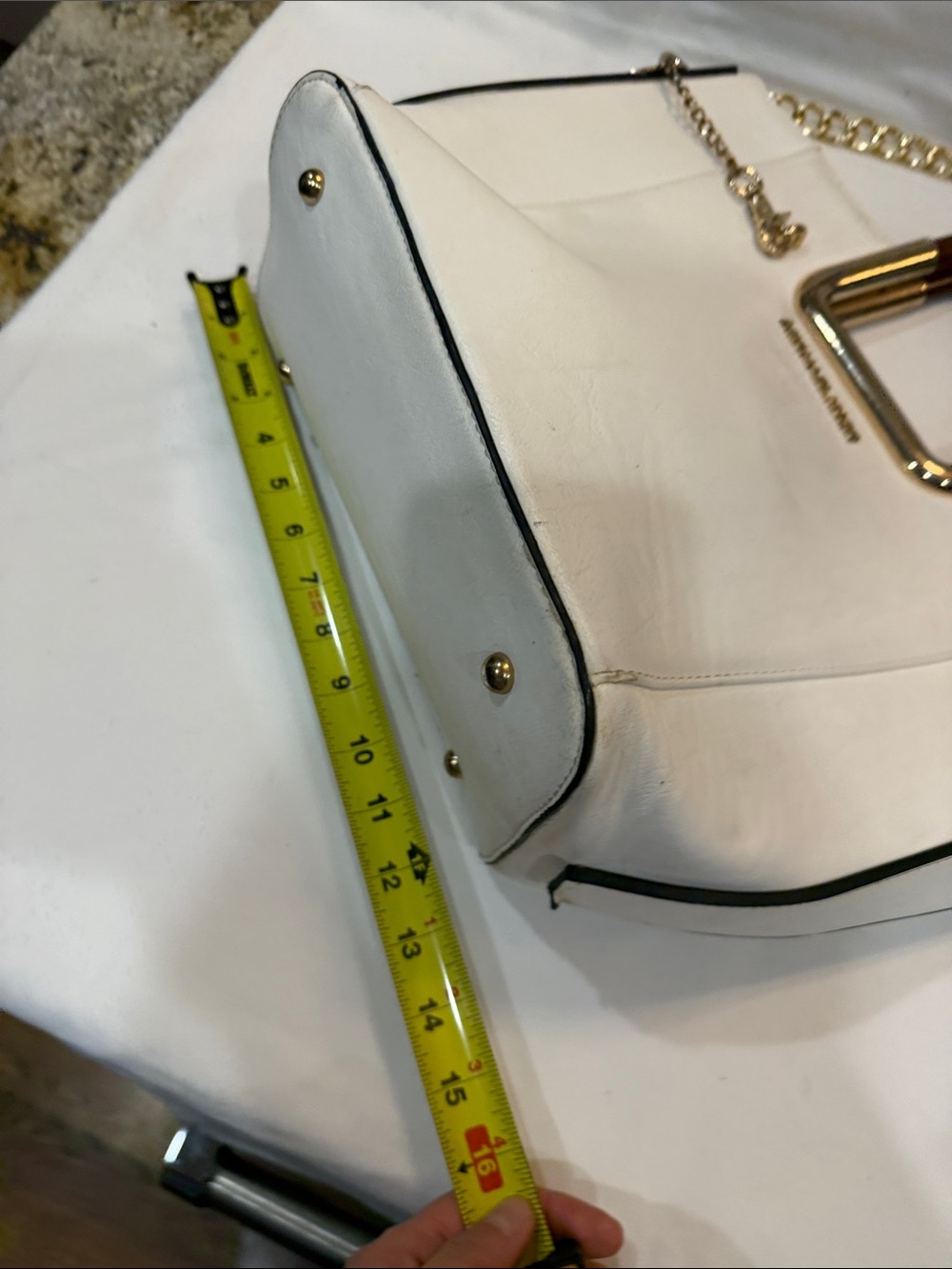 Michael Kors White Leather Tote with Gold Chain and Wood-Accent Handles - Picture 10 of 10